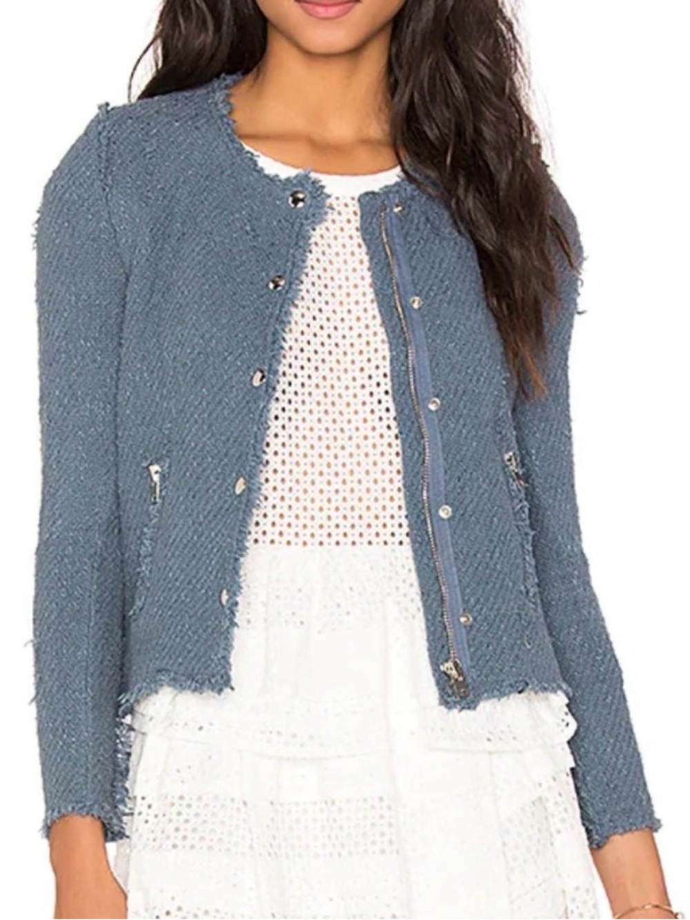 IRO 38 Agnette COTTON Deconstructed Grunge Frayed Tweed Jacket Wedgewood Blue